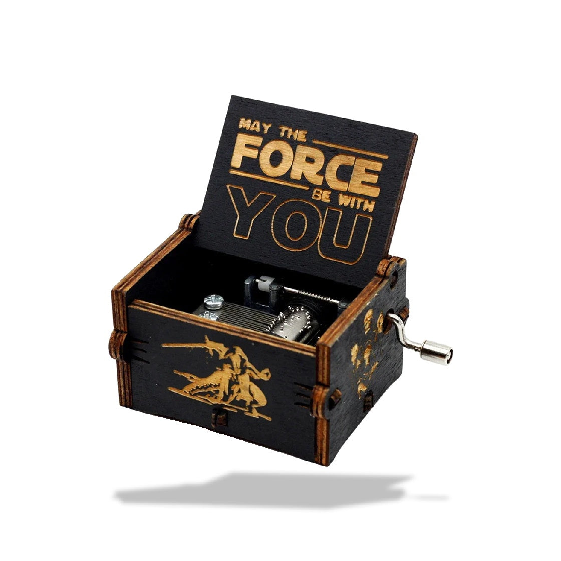 Boîte à musique en bois noire, ouverte, avec engrenages visibles, et inscription "May The Force Be With You" sur le couvercle