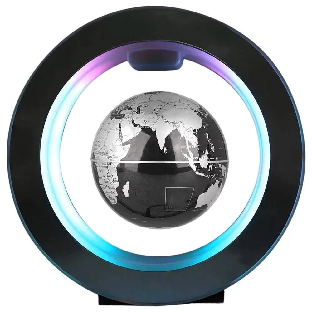 Lampe LED noire à lévitation magnétique, avec un globe terrestre noir et argent flottant au centre d'un anneau lumineux.