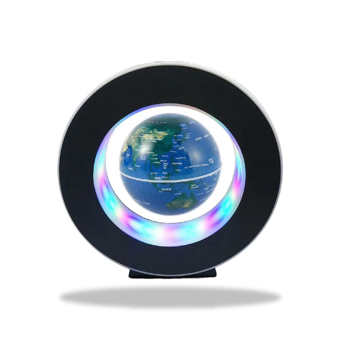 Globe terrestre bleu de 8,5 cm de diamètre en lévitation magnétique, éclairé par des LED multicolores dans un cadre circulair