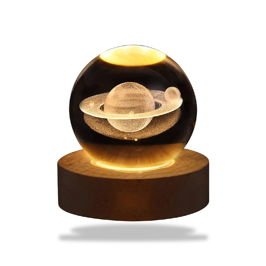 Veilleuse LED avec une sphère en verre transparente de 6 cm de diamètre, illuminée, posée sur une base en bois.