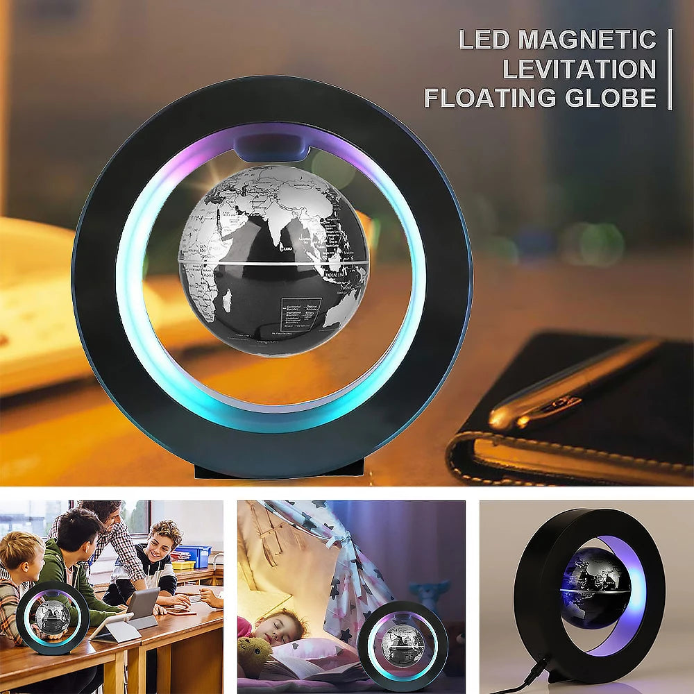 Lampe LED O Globe Flottant Noir, un globe terrestre en lévitation magnétique, éclairé par un cercle lumineux.