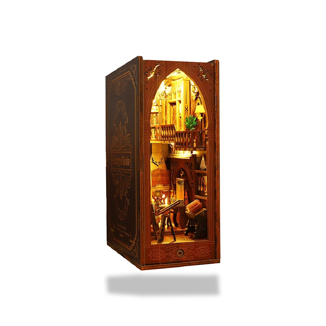 Kit serre-livres miniature en bois avec bibliothèque détaillée, balcon et lumières LED, 10x18x24cm.