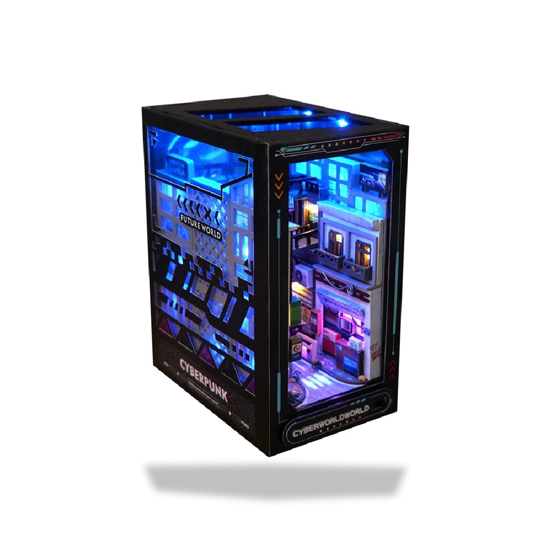 Serre-livres en bois avec scène de rue cyberpunk illuminée par des LED bleues, représentant un immeuble détaillé.