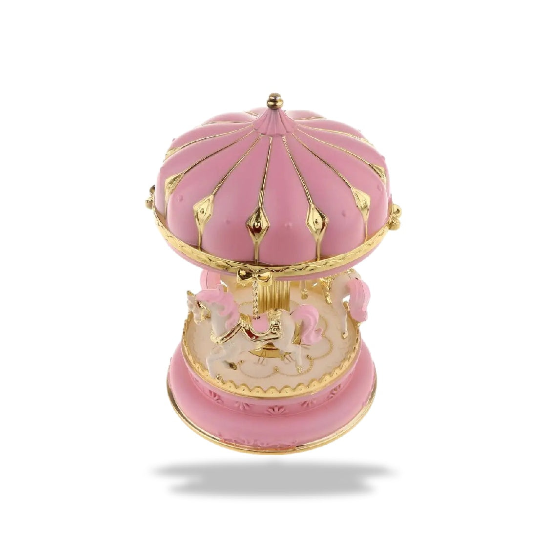 Boîte à musique carrousel rose en résine avec chevaux blancs et dorés, peinte à la main, détails dorés.