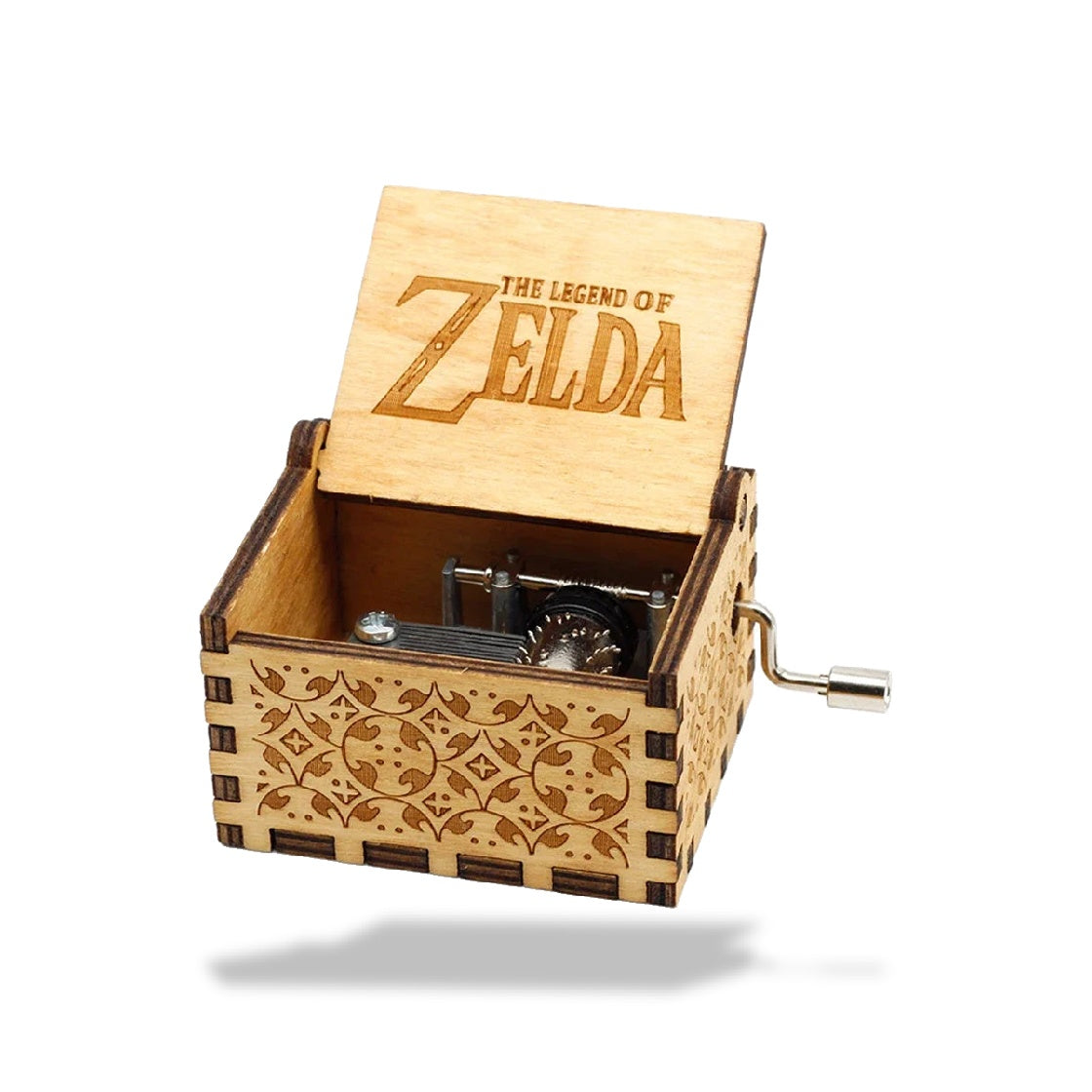Boîte à musique en bois clair 'The Legend of Zelda' ouverte, avec un mécanisme visible et une manivelle latérale.