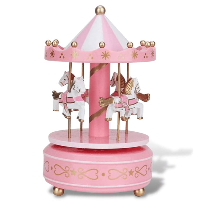 Boîte à musique carrousel rose de 18 cm en plastique et résine synthétique avec 4 chevaux blancs rotatifs