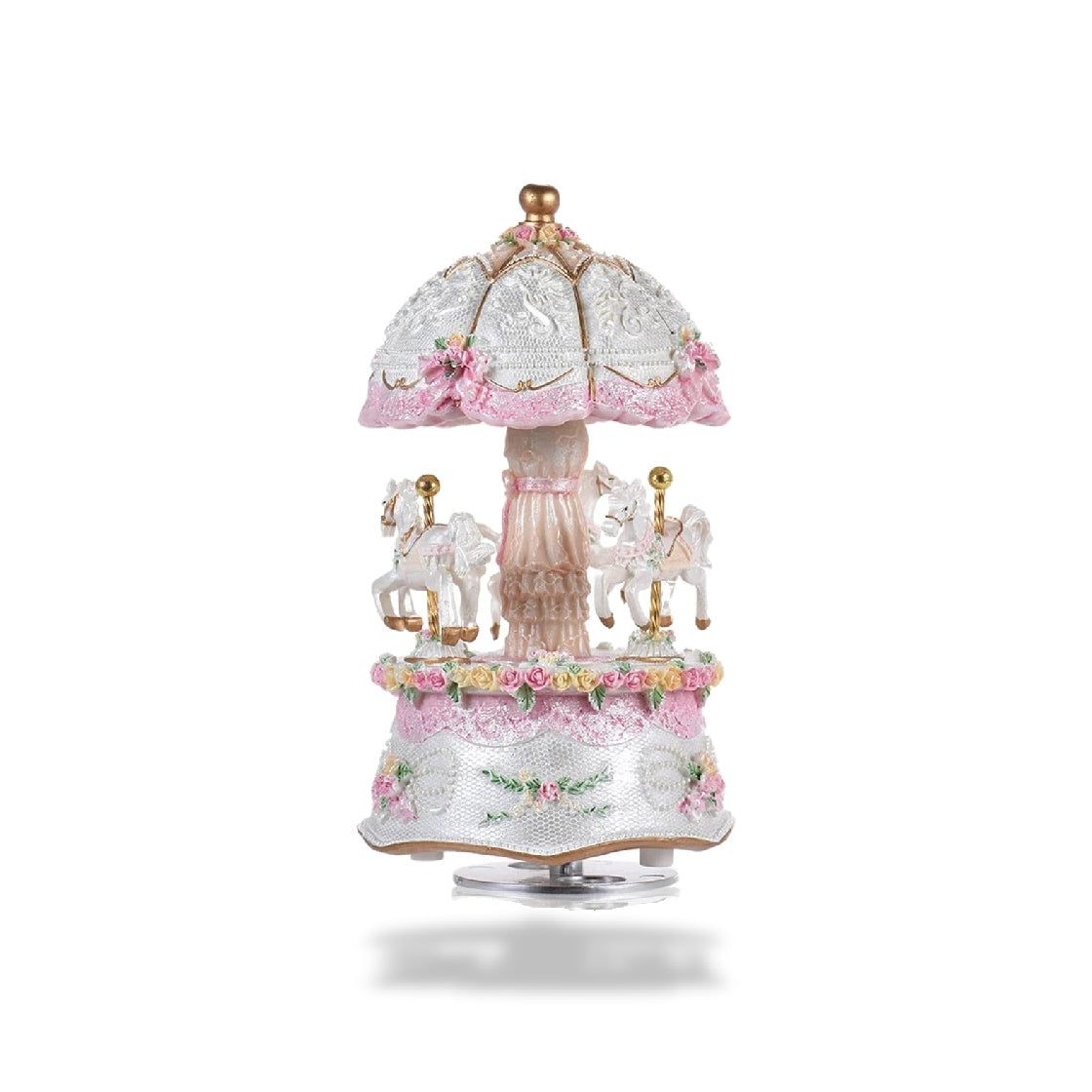 Boîte à musique carrousel blanche et rose en résine avec 3 chevaux, motif floral, parapluie orné et lumière LED.