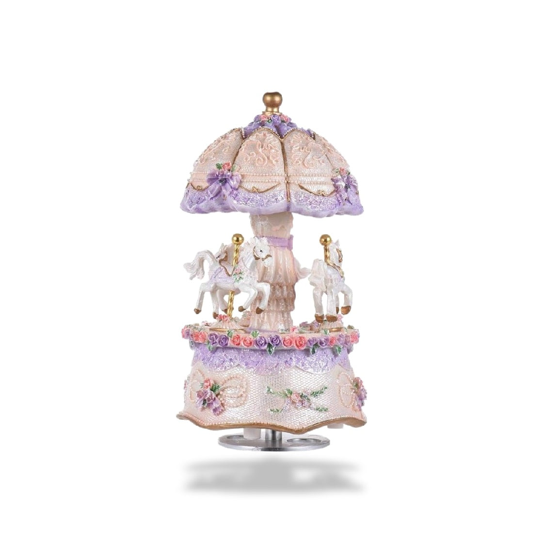 Boîte à musique carrousel violette avec 3 chevaux blancs. Ornements floraux roses et violets, lumières LED.