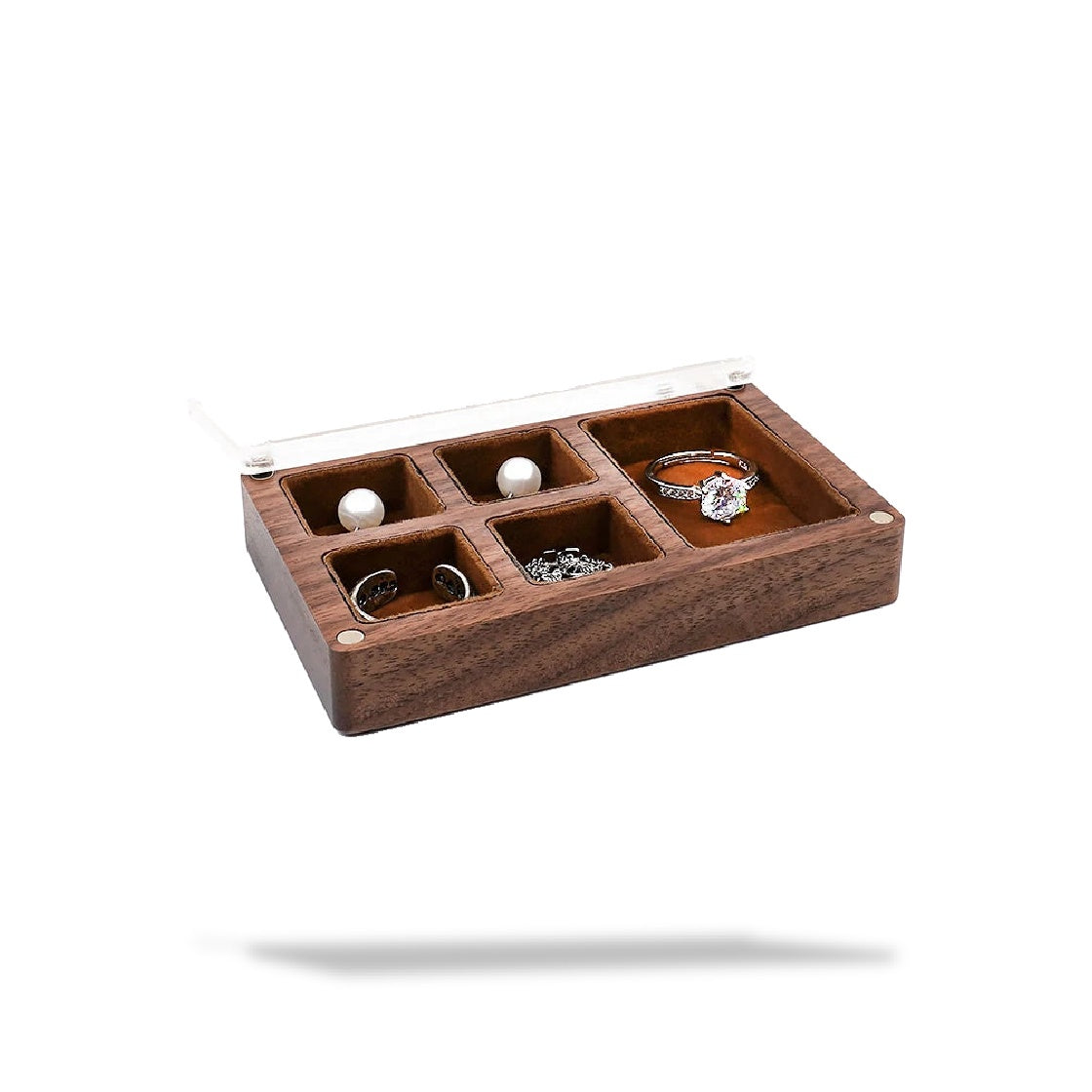 Boîte à bijoux rectangulaire en bois avec couvercle transparent, présentant cinq compartiments doublés de tissu, un anneau et