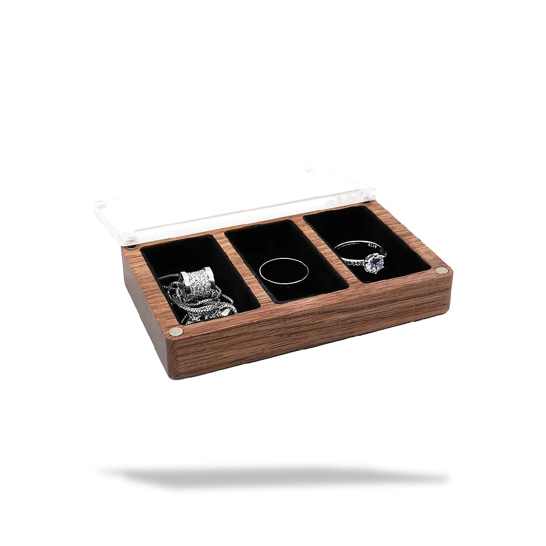 Boîte à bijoux rectangulaire en bois avec couvercle transparent ouvert, divisée en trois compartiments noirs.