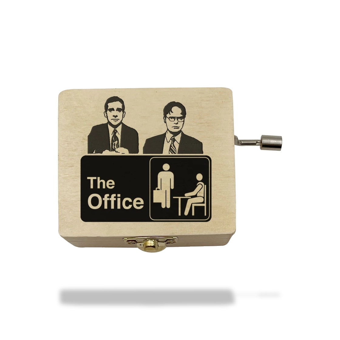 Boîte à musique en bois clair avec manivelle, décorée des portraits de Michael et Dwight de The Office.