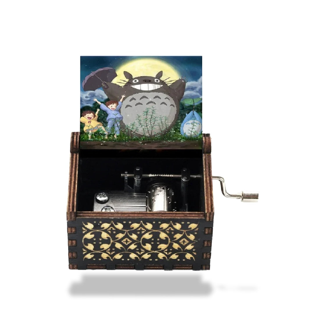 Boîte à musique en bois marron foncé et noir avec motifs dorés, manivelle latérale et image Totoro