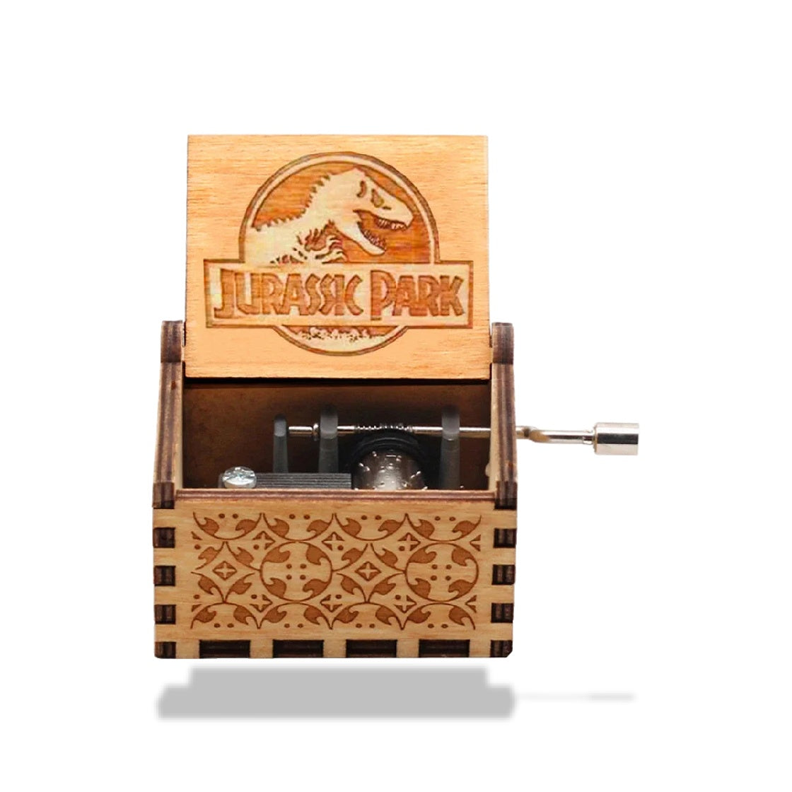 Boîte à musique en bois clair, ouverte sur le mécanisme, avec le logo Jurassic Park gravé sur le couvercle.