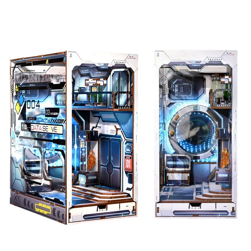 Deux maquettes futuristes de serre-livres, vues de face, avec des intérieurs éclairés en bleu, composés de bois et métal.