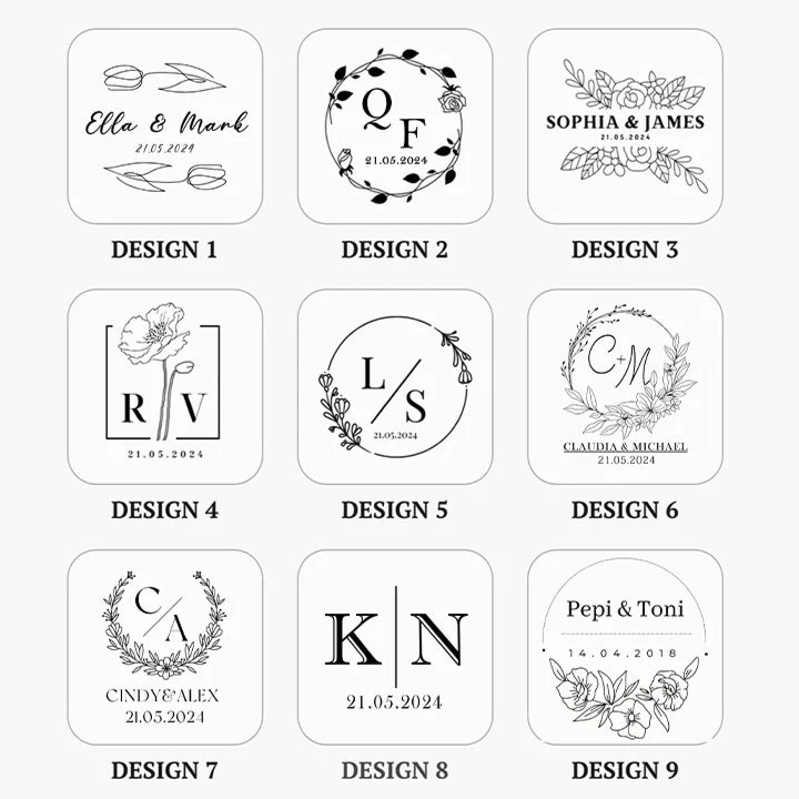 Tableau présentant neuf exemples de gravures personnalisées pour une boîte en bois, avec des motifs floraux et des initiales.