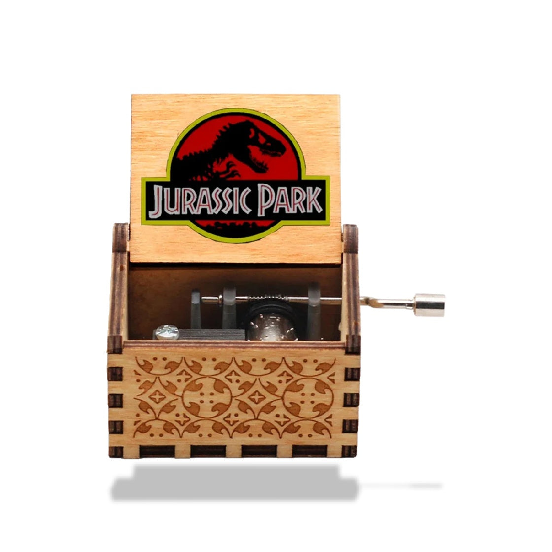 Boîte à musique en bois clair, ouverte, avec le logo Jurassic Park sur le couvercle et une manivelle latérale.