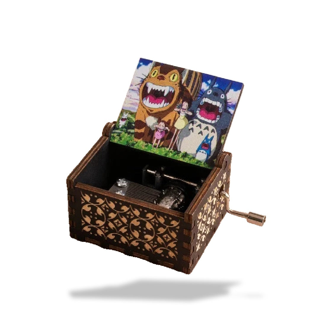 Boîte à musique rectangulaire en bois foncé, couvercle ouvert avec illustration Totoro.