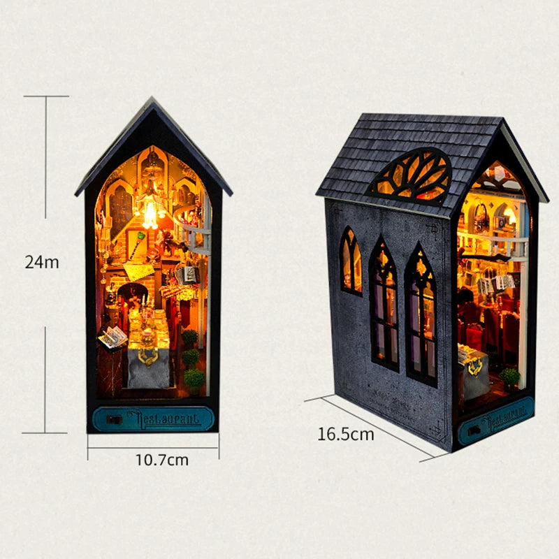 Book nook en forme de restaurant avec lumière LED, vue de face et de côté, mesurant 24x10.7x16.5cm.