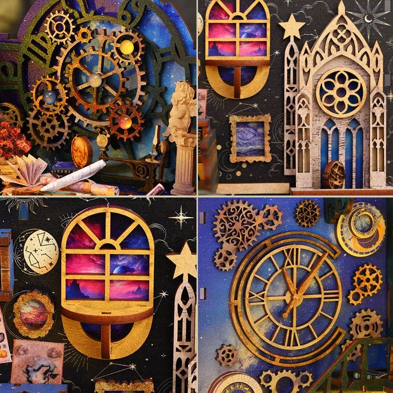 Quatre aperçus d'un serre-livres interstellaire en bois avec des engrenages, une horloge et des éléments architecturaux.