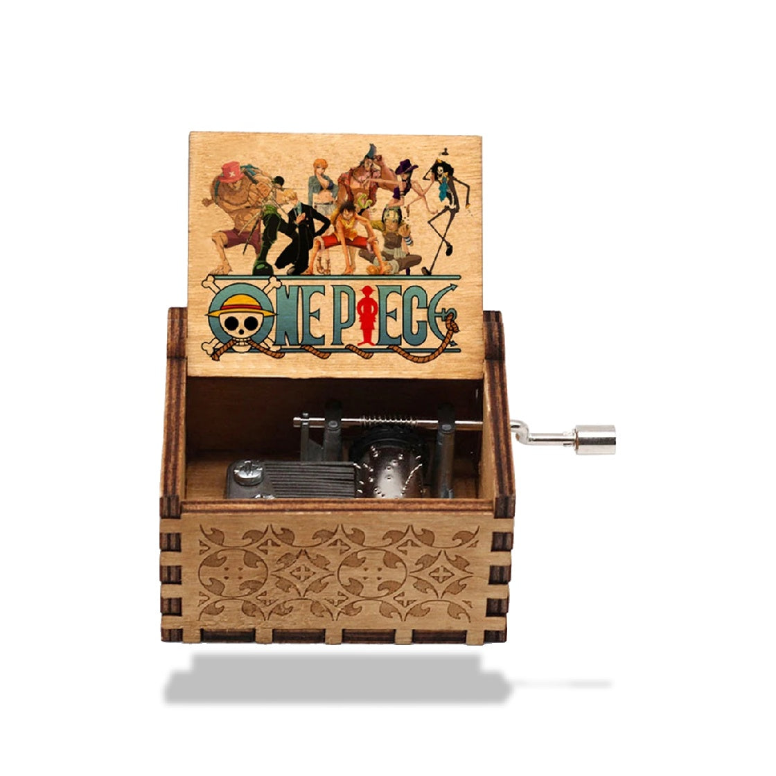 Boîte à musique en bois de haute qualité avec manivelle, motifs sculptés et couvercle illustré One Piece.