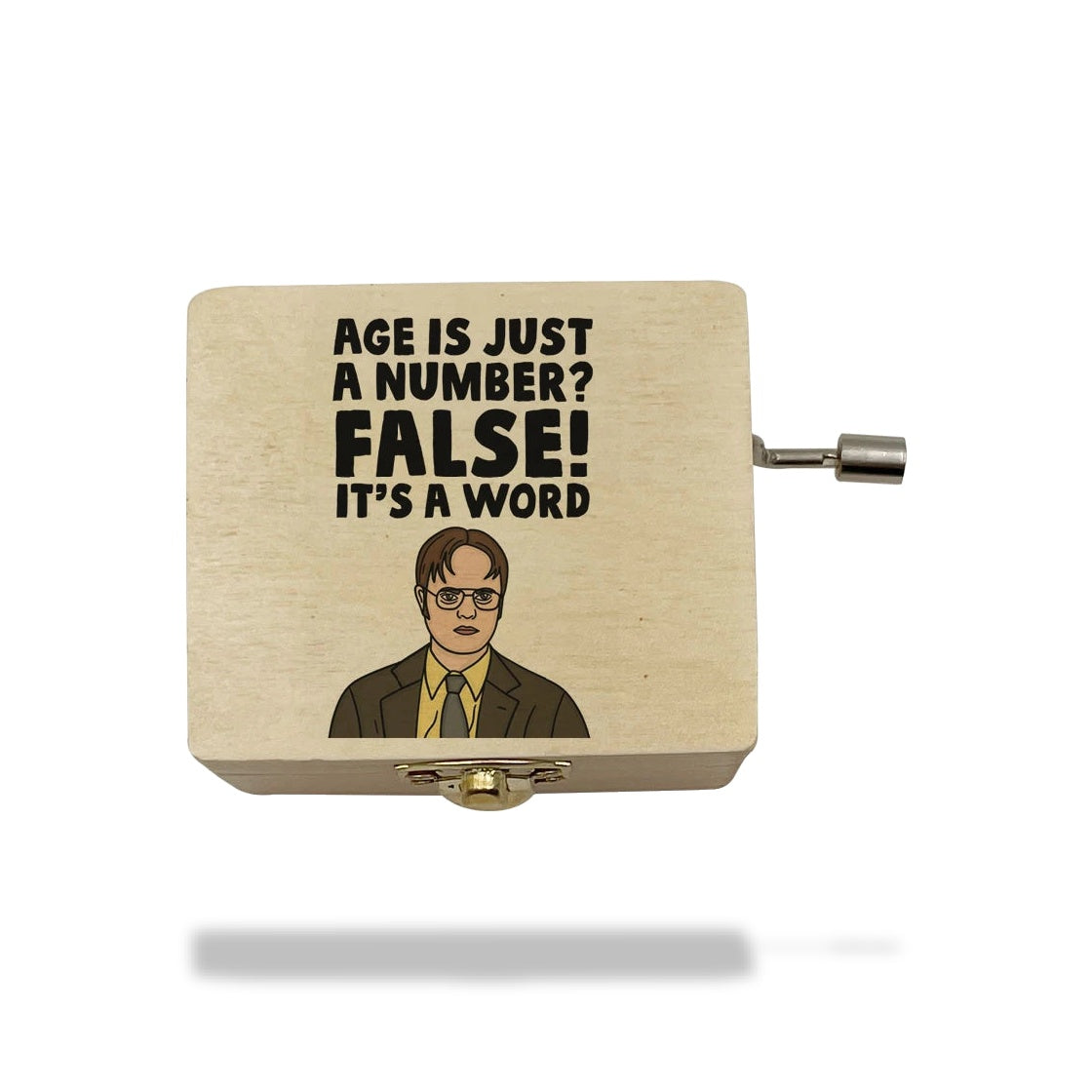 Boîte à musique en bois clair, imprimée du personnage de Dwight Schrute et d'une citation humoristique de la série The Office