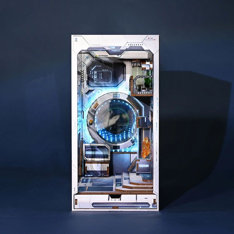 Kit de serre-livres futuriste avec lumières LED bleues, représentant un couloir spatial détaillé avec des éléments métallique