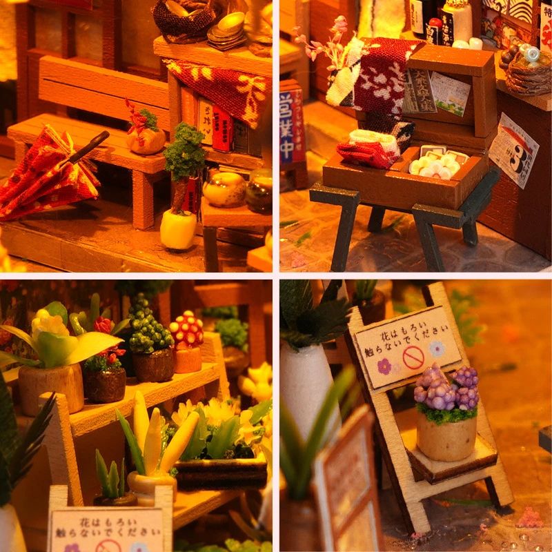 Quatre gros plans détaillés d'un kit Book Nook représentant une rue japonaise miniature avec des lumières LED.