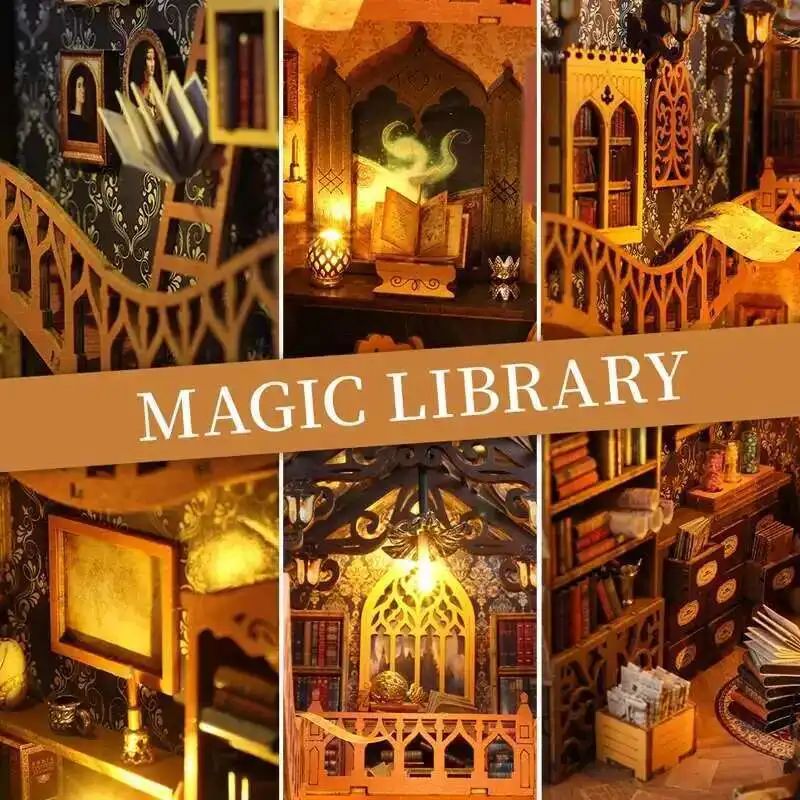 Kit Magic Library détaillé en bois avec lumières LED. On y voit des étagères remplies de livres et une lanterne.
