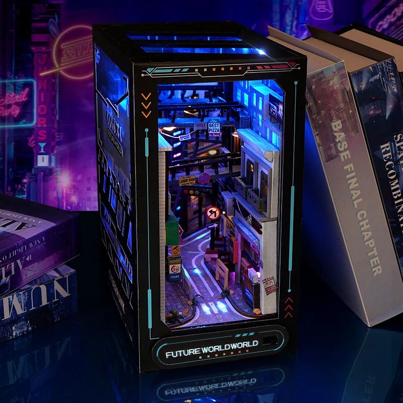 Serre-livres cyberpunk avec lumières LED bleues. Il représente une ruelle urbaine futuriste détaillée avec enseignes.