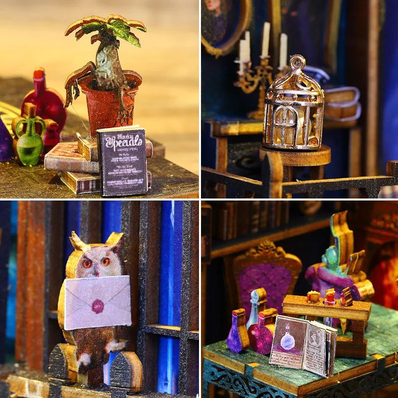 Quatre miniatures détaillées: plante, livres, cage, chouette avec lettre, potions et mobilier magique.