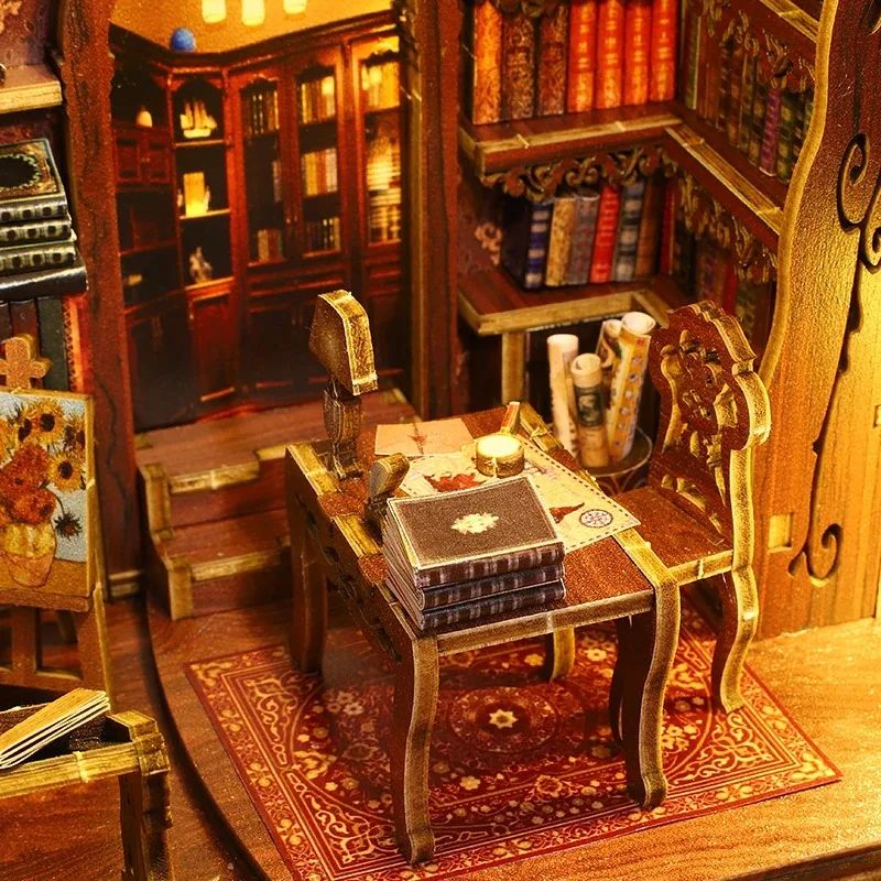 Kit serre-livres miniature en bois avec bibliothèque, bureau, chaise et tapis, éclairé par des lumières LED.