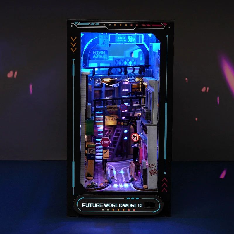 Kit serre-livres Cyberpunk avec lumières LED. Représentation d'une ruelle urbaine sombre et étroite, illuminée par des néons