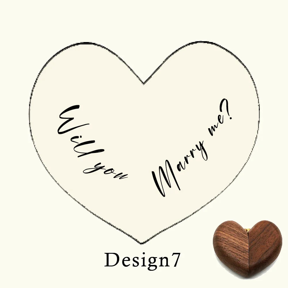 Boîte à bague en bois de noyer en forme de cœur, gravée "Will you marry me?", avec un sac en velours.