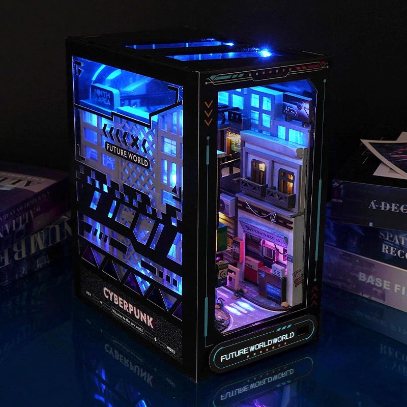 Kit serre-livres Cyberpunk lumineux avec des scènes miniatures de ville futuriste et des lumières LED bleues.