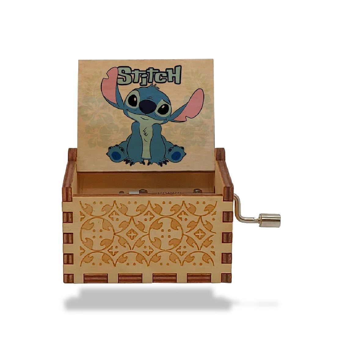 Boîte à musique en bois clair avec manivelle, décorée d'un motif floral et du personnage Stitch.