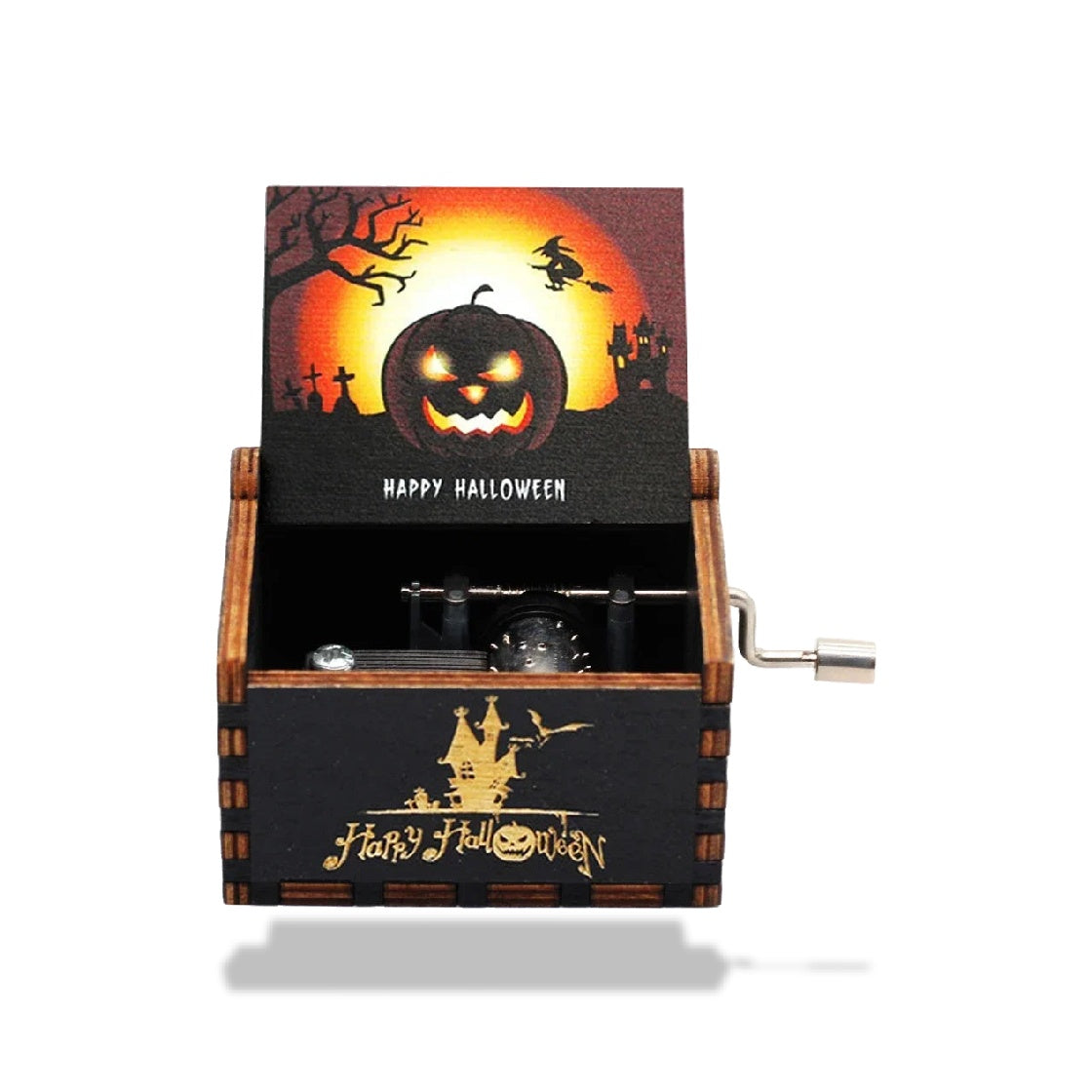Boîte à musique en bois noire à manivelle. Couvercle ouvert révélant un mécanisme et décor Halloween sur fond orange.
