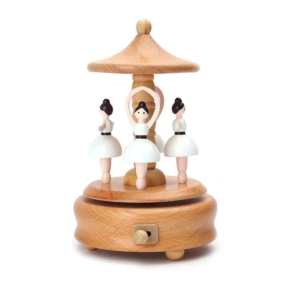 Boîte à musique en bois de hêtre avec trois danseuses en bois et blanc, dont une au centre, bras levés. Rotation supérieure