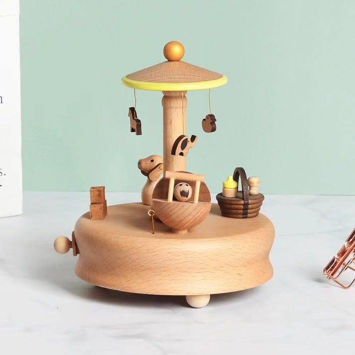 Boîte à musique carrousel en bois de hêtre, avec figurines d'animaux, berceau et panier. Boîte à Musique Carrousel Enfant
