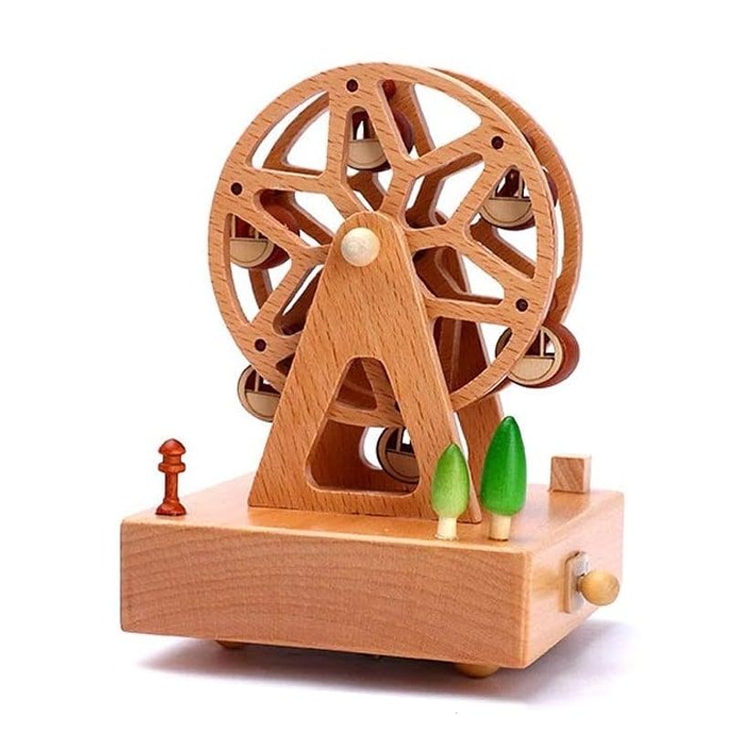 Boîte à musique en bois de hêtre naturel en forme de grande roue avec des nacelles, mesurant 17,3 cm.