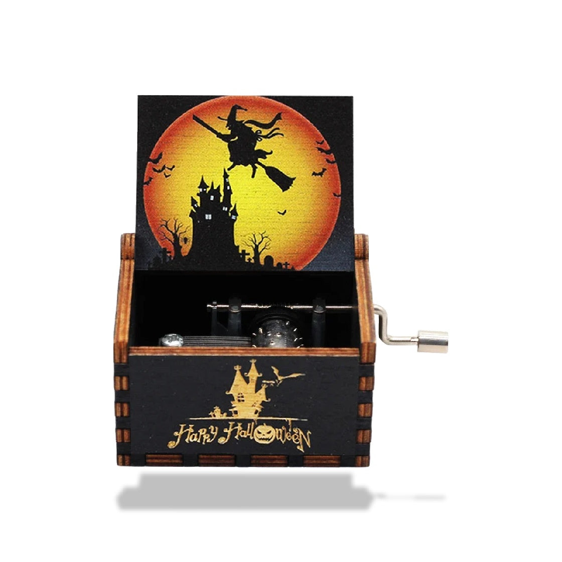 Boîte à musique en bois noire, motif Halloween avec sorcière, château et lune sur couvercle ouvert.