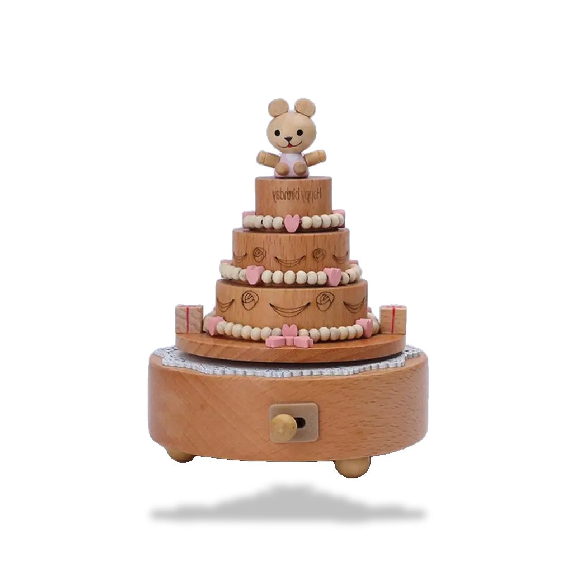 Boîte à musique en bois clair en forme de gâteau d'anniversaire à cinq niveaux, décorée de cœurs et perles roses, surmontée d