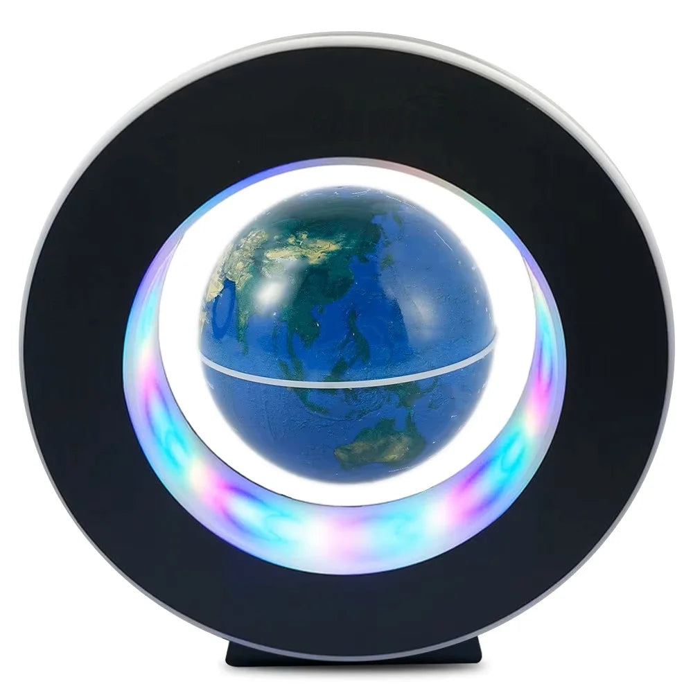 Lampe LED avec un globe terrestre bleu flottant, maintenu par un champ magnétique dans un support circulaire noir illuminé de