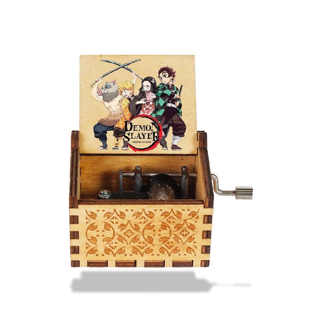 Boîte à musique manivelle boisée à l'effigie de l'anime Demon Slayer avec des personnages illustrés.