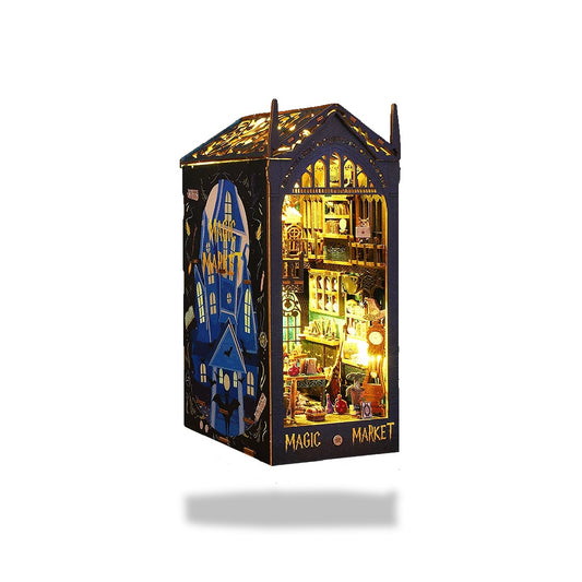Kit serre-livres miniature Magic Market avec lumières LED. Représente un magasin ancien illuminé de l'intérieur.