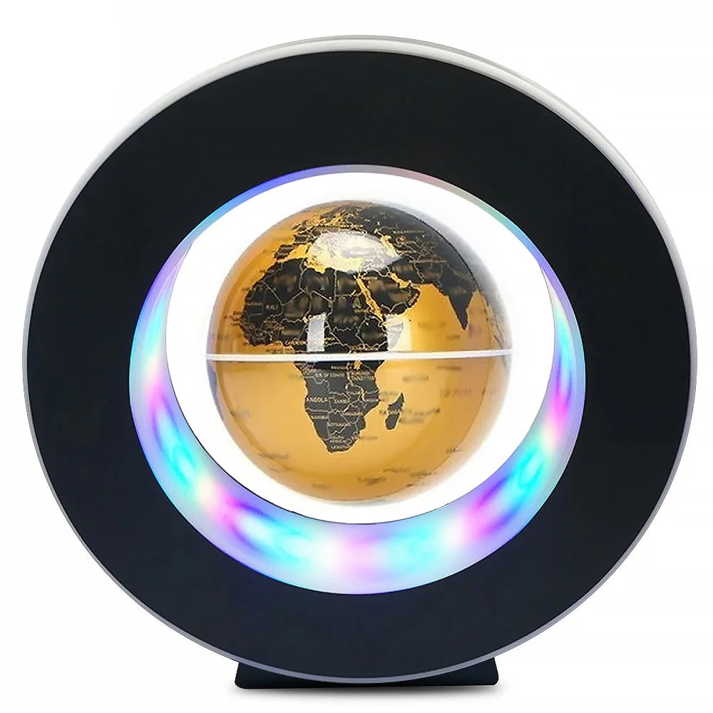 Globe terrestre doré lévitant au centre d'un cercle noir, illuminé par des LED multicolores en bas.