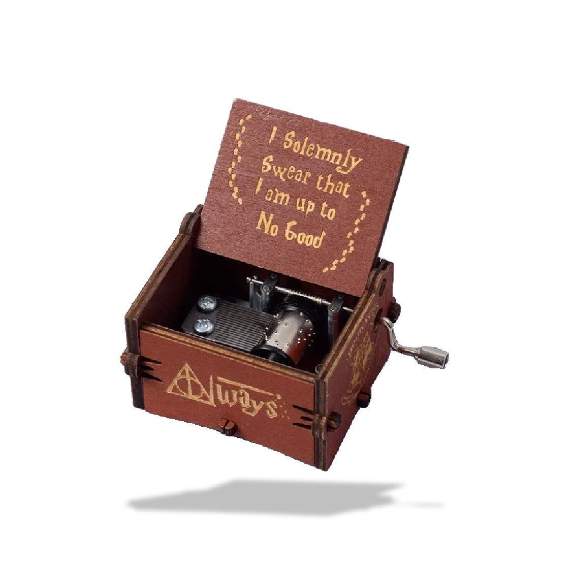 Boîte à musique Harry Potter en bois marron, couvercle ouvert avec inscription dorée et mécanisme visible.