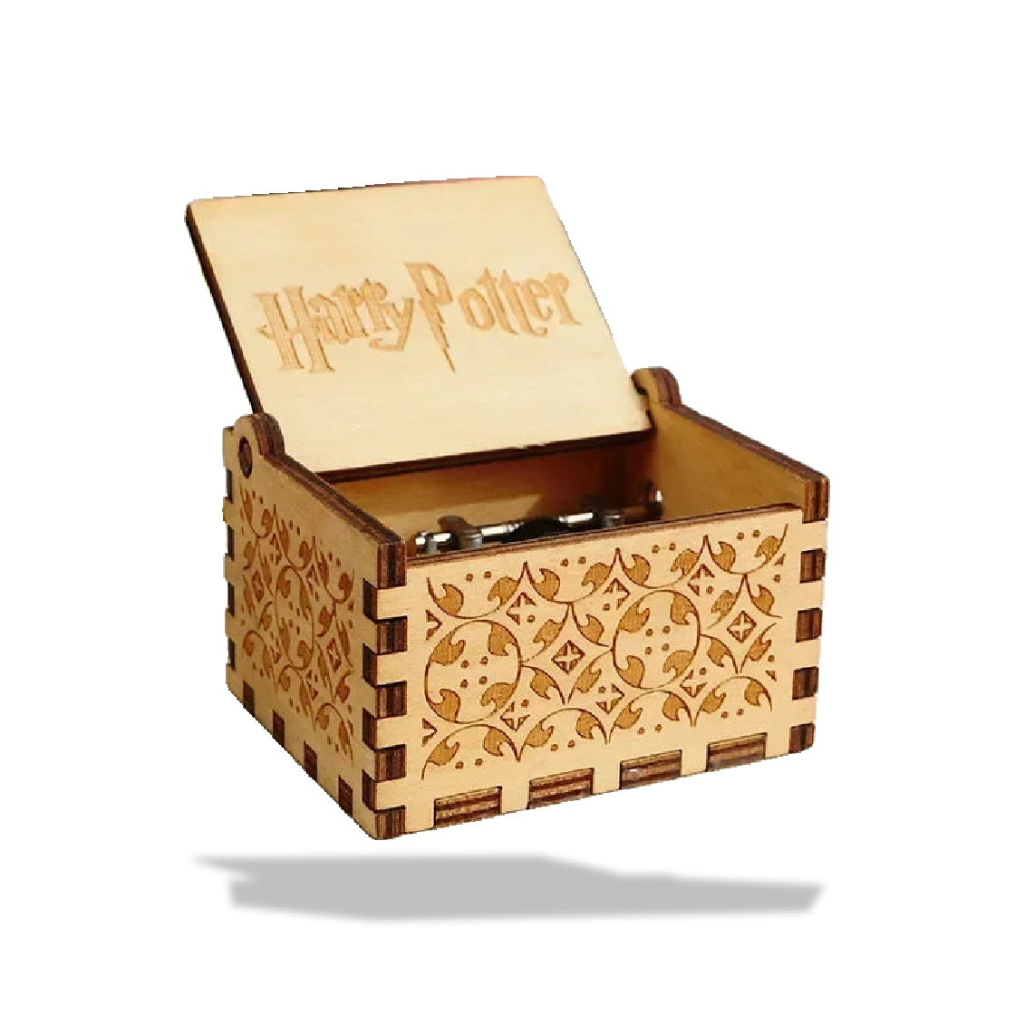 Boîte à musique en bois clair de 6,4 cm, motifs gravés sur les côtés, couvercle ouvert avec logo Harry Potter.