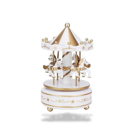 Boîte à musique carrousel blanche et dorée, 18 cm, avec quatre chevaux rotatifs sous un chapiteau conique.