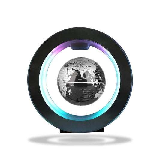 Lampe LED avec un globe terrestre noir en lévitation magnétique, entouré d'un anneau circulaire lumineux multicolore.