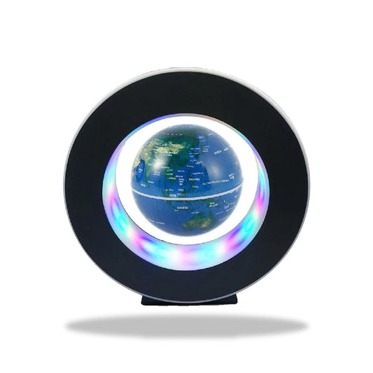 Globe terrestre bleu de 8,5 cm de diamètre en lévitation magnétique, éclairé par des LED multicolores dans un cadre circulair